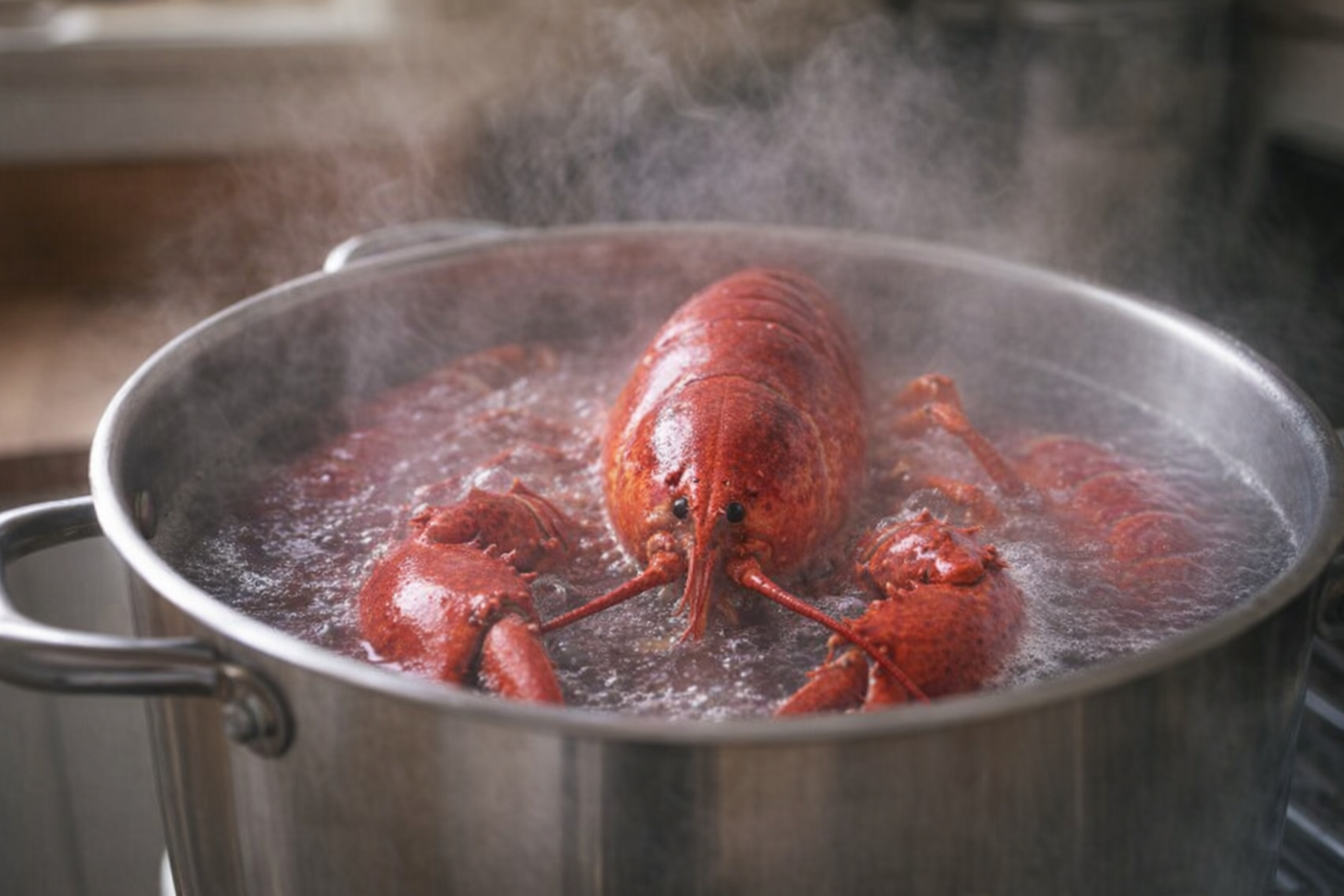 Medium shot of lobster boiling in a pot, steam rising, close up on lobster in the middle.
